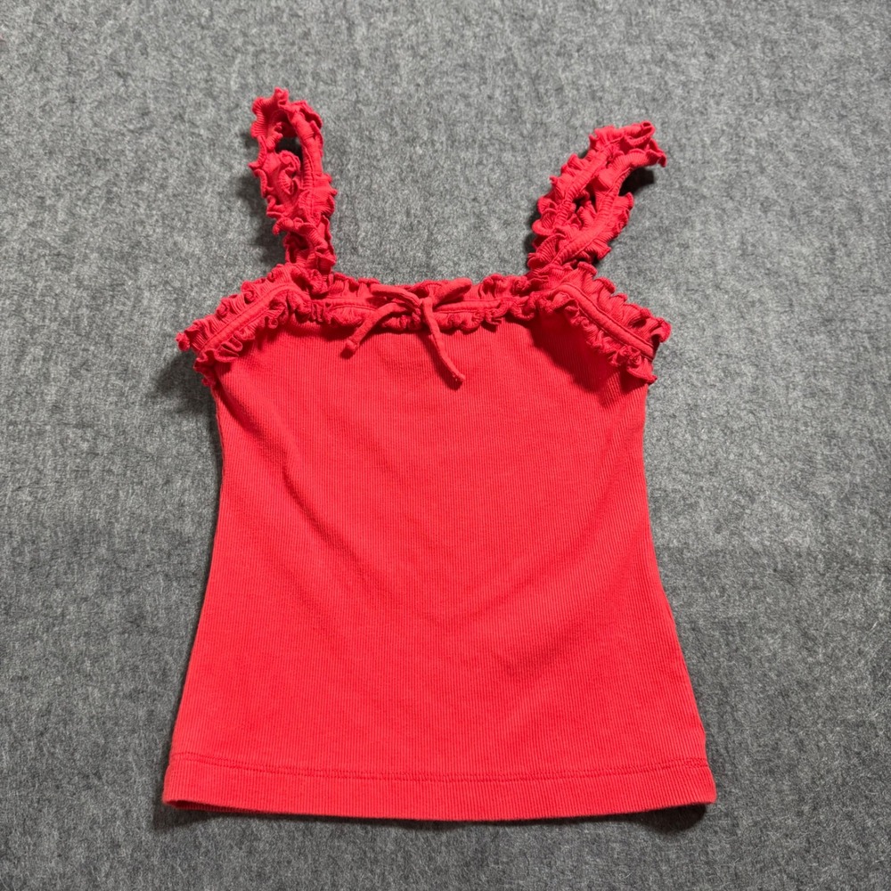 Maeve Anthropologie Red Ruffle Trim Ribbed Knit Tank Top XS OB2048871